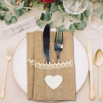 

10pcs fork knife pocketknife packaging jute burlap lace tableware elegant bag for wedding party decoration