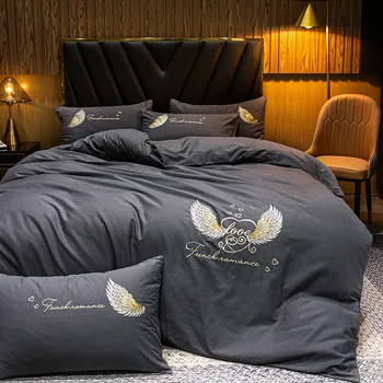 

Winter Thickened Sanding Cotton 4pcs Bedding Set with Fine Embroidery Bed Sheet Grey Color Pillowcase Pure Cotton Duvet Cover