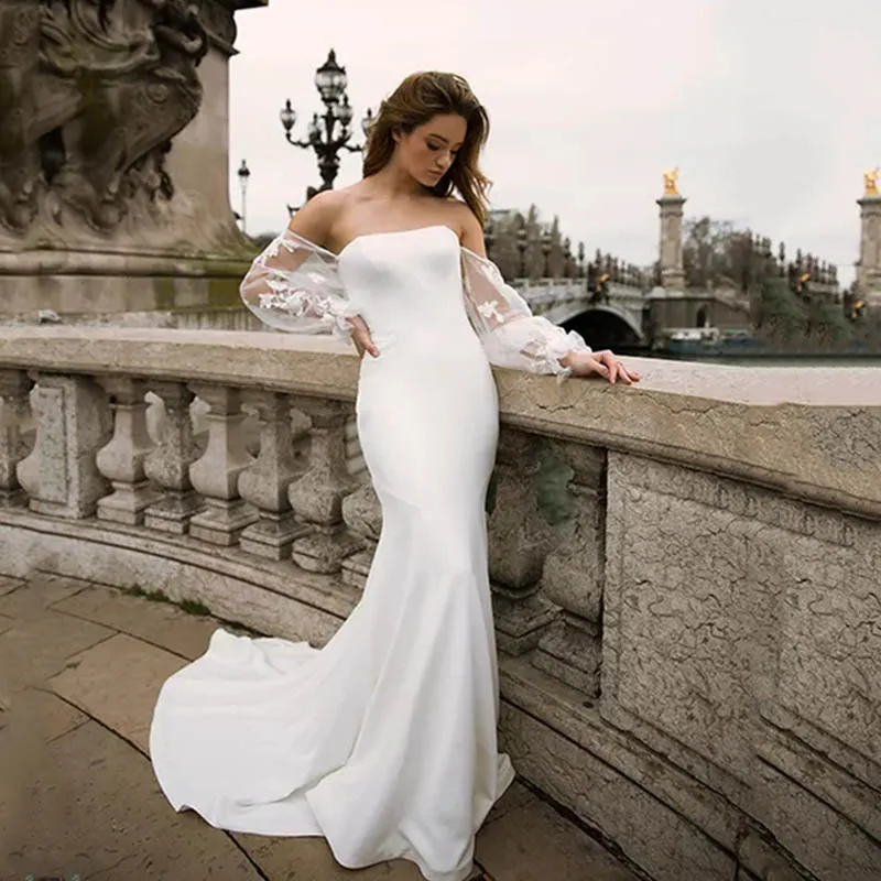 Романтическое свадебное платье Русалка с рукавами фонариками и юбкой