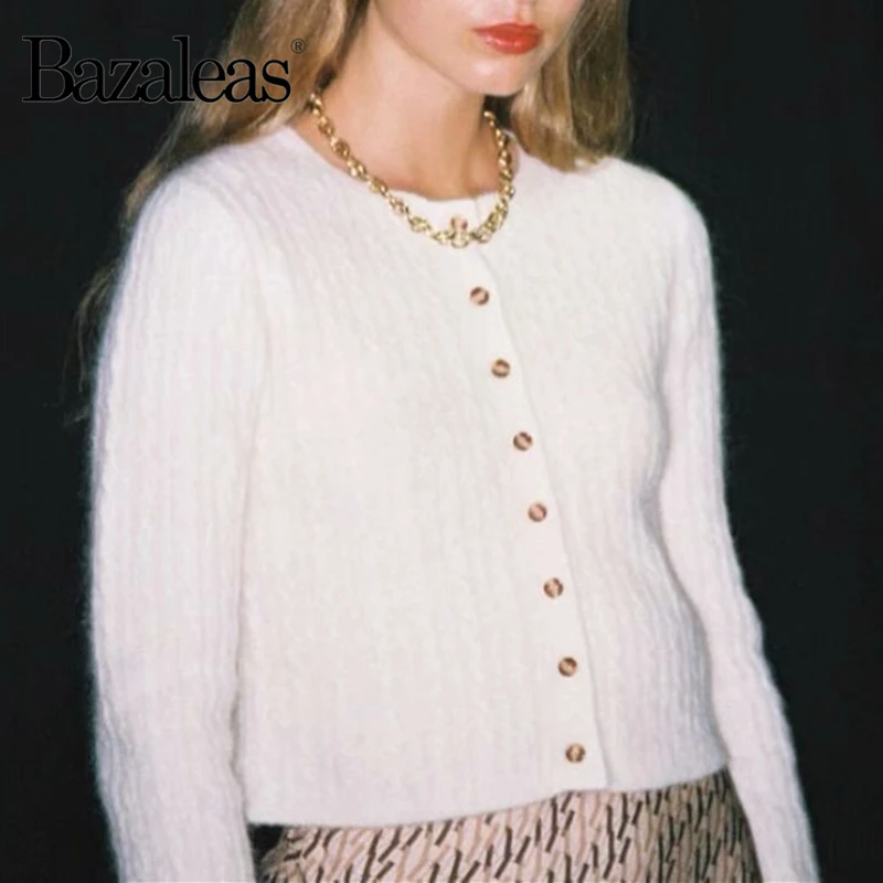 Bazaleas France Center Buttons White Warm Kintted Carfigans Retro Soft women Sweater Vintage harajuku Casual Dropshipping |