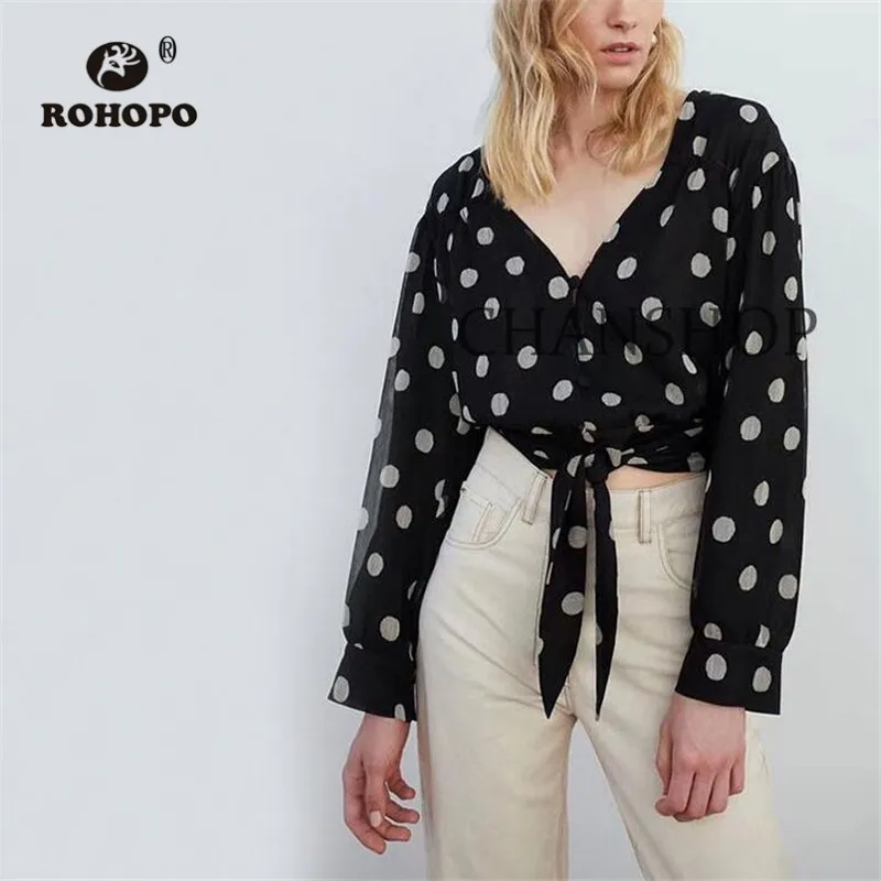 

ROHOPO White Polk Dot Tie Belted V Collar Black Blouse Buttons Fly Puff Long Sleeve Ladies Elegant Soft Top Shirt