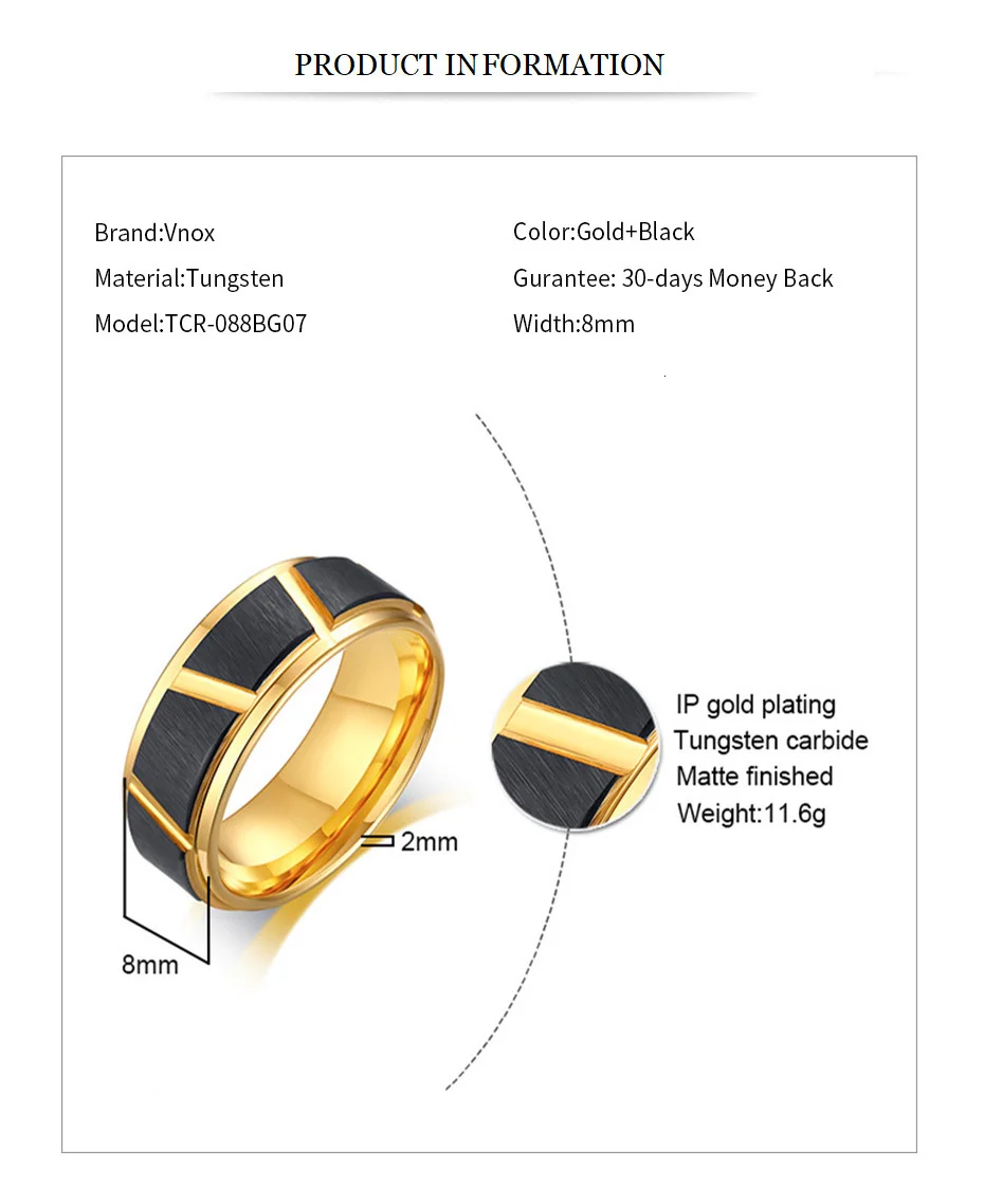 Vnox Cool Trimming Designed Rings for Men Gold and Black Tone 8MM Tungsten Carbide Wedding Bands Anel Accessory