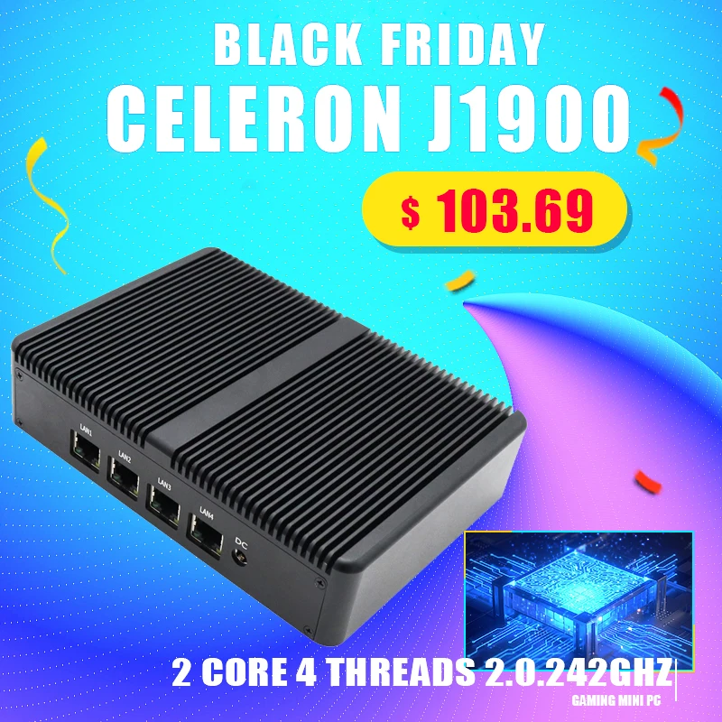 Мини ПК с 8 Гб ОЗУ 64 SSD 4 порта Intel LAN VGA USB четырехъядерный процессор celeron j1900 2 ГГц