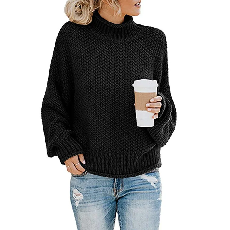 Зимний Повседневный вязаный свитер для женщин, водолазка с длинным рукавом, пуловеры, свободное однотонное пальто, модные свитера, одежда, пуловер - Цвет: black
