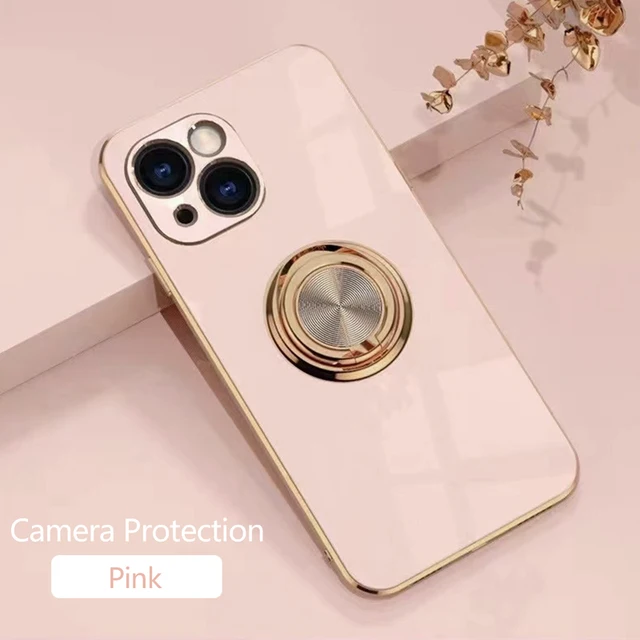 Luxury Plating Magnetic Attraction Ring Phone Case For iPhone 11 12 13 Pro Max Mini X XR 7 8 Plus SE2022 Soft Covers With Holder Pink