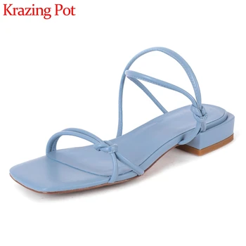 

Krazing pot new arrival natural leather peep toe low heel summer sandals narrow band Korean girls sweet dating shoes women L0f6