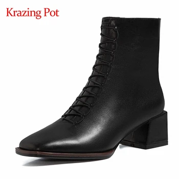 

Krazing pot fashion boots genuine leather european designer square toe thick med heel zip noble keep warm winter ankle boots L58