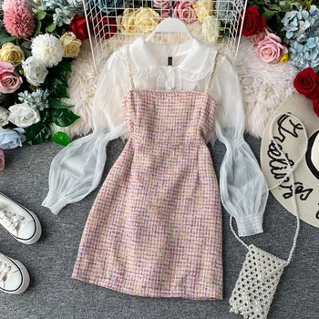 

Women dresses 2019 suits autumn winter women new elegant Sexy chiffon long-sleeved shirts + coarse tweed Sling two-piece dress