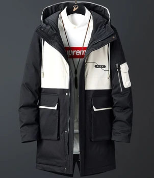 

Down-filled Long Coat 90% White Duck Warm Waterproof Overcoat Winter Jacket Men warm streetwear Hat Detachable