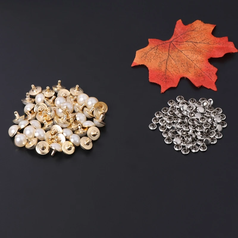 100x Imitation Pearls with Rivets Studs for Leather Bag Shoes Clothes Crafts Decor