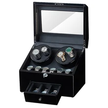 JQUEEN Автоматическая выпечка отделка деревянные часы намоточный дисплей коробка 4+ 9 хранения Интерьер черный из искусственной кожи с светодиодный светильник