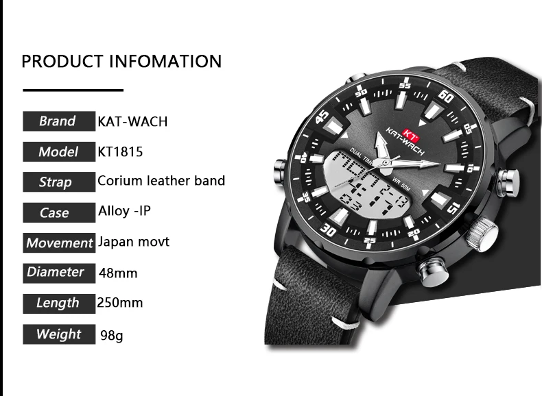 KAT-WACH Brand New Fashion Trend Big Dial Men's Watches Multifunctional Dual Display Quartz Electronic Watch Relogio Masculi