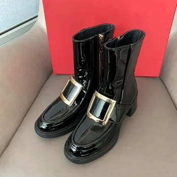 

Women Patent Leather Boots Fashion Round Toe Black Shoes Brand Design Female Zip Boots
