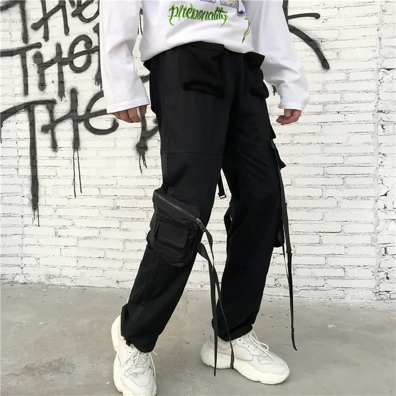 

2020 Spring Hip Hop Men Black Harem Pants Multi-pocket Ribbons Man Streetwear Casual overalls pants Mens Pants