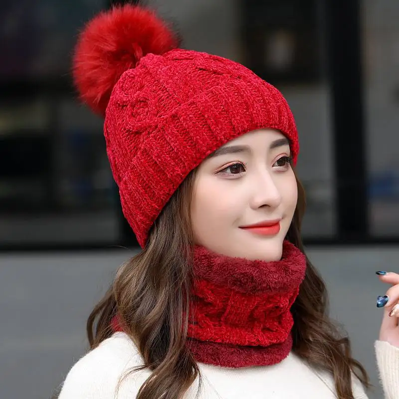 

Модный Зимний вязаный комплект из шапки и шарфа для женщин, девушек, мужчин, плюшевая теплая шапка, шарфы, воротник, шапки, комплект из двух предметов