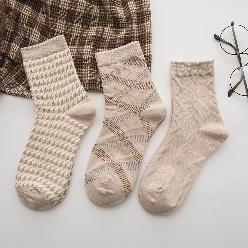 3Pair/Pack Smoky Gray Nice Gift Mid Tube Socks Keep Warm Houndstooth Cotton Women Japanese Style | Женская одежда