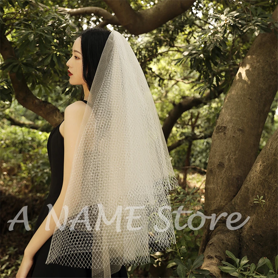 

Ivory Short Bridal Wedding Veils for Bride with Comb Blusher Starry Shining Tulle Net Veil Voile de Mariage Velo de novia Elegan