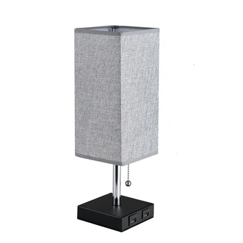 

Bedroom Pull Rope Switch Table Lamp Office With USB Charging Port Home Bedside Living Room Square Fabric Shade Multifunctional
