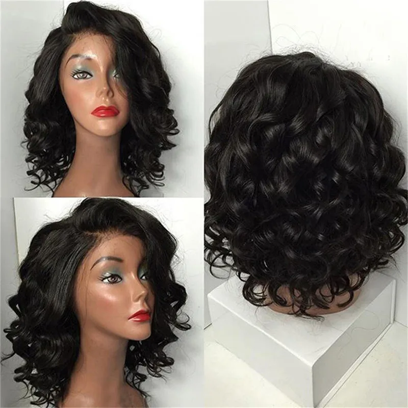

Short Curly Lace Front Wig Short Human Hair Deep Wave Short Bob Remy Brazilian Hair Natural Black/Wine for Women