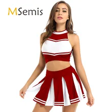 

Womens Cheerleader Uniform Outfit Cheerleading Costume Stand Collar Crop Top with Mini Pleated Skirts for dance Competition