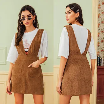 

Ladies Mini Skirt Preppy Style High Waist Stretch Flared Short Suspender Brown