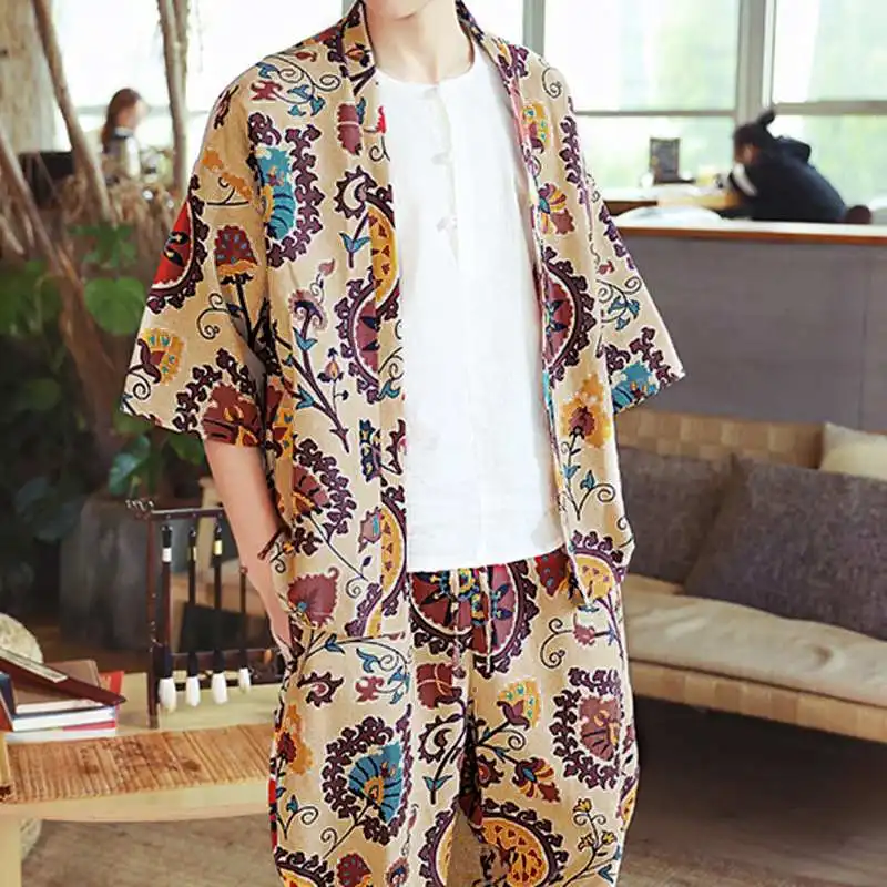 INCERUN, этнический стиль, с принтом, мужские комплекты, повседневная, хлопок, уличная одежда, Ретро стиль, половина рукава, верхняя одежда, топы, Мужские штаны, 2 предмета, наборы