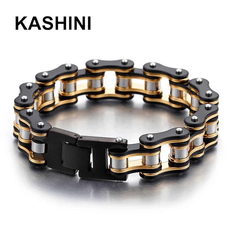

KASHINI Bicycle Bracelets Punk Gold Black Crystal Motorcycle Jewelry For Women 316L Stainless Steel Bike Chain Bracelet man