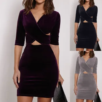

Fashion Womens Half Sleeve Velvet Solid Sexy V-Neck Mini Dress Dress Dropshipping 2020 winter fashion Retro trend size New prod