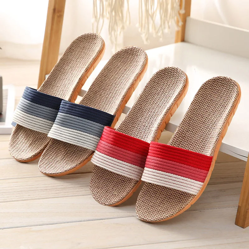 Summer Home House Slippers Women Linen Silent Sweat Absorption Slides Flip Flops For Female Indoor Bedroom