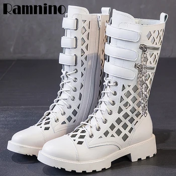 

Ramnino Women Shoes Summer Hollow Hole Martin Boots Street Punk Metal Chain Genuine Leather Sandals Breathable Boots Women 42
