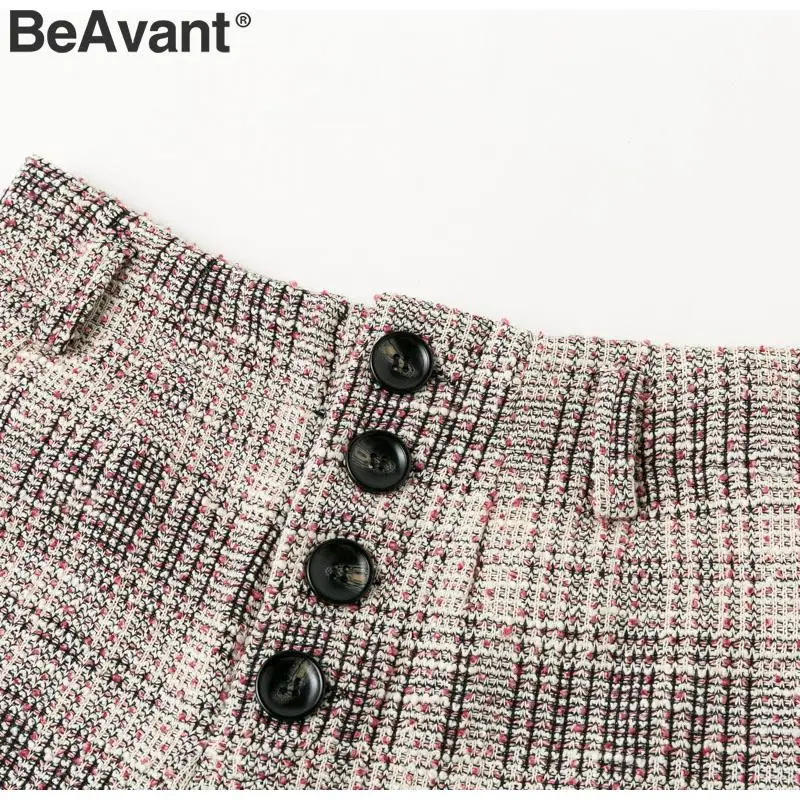 BeAvant Fashion button plaid tweed shorts women Office ladies short shorts Autumn winter high waist female shorts