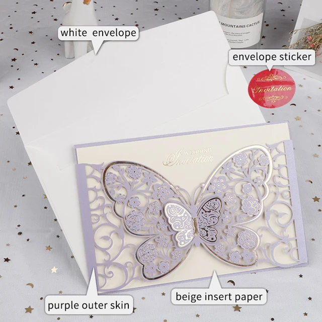 50pcs Butterfly Elegant Laser Cut Wedding Invitation Card Business Greeting Card Customized Wedding Decoration Party Supplies 50sets Purple Cards