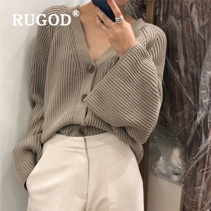 RUGOD женский вязаный кардиган с v-образным вырезом однобортный с длинными рукавами Свободный Тонкий свитер корейский шик нежное ленивое осеннее пальто