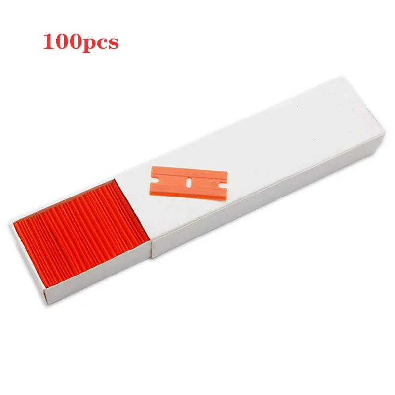 100pcs Double Edged Plastic Razor Blade Lable Clean Razor Glue Remover Window Glass Clean Scraper Car Wrap Sticker Squeegee best car seat leather cleaner