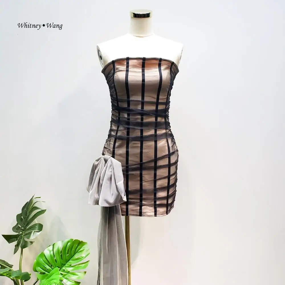 as picture WHITNEY WANG Весенняя мода уличная полосатая сетка с бантом без бретелек Мини платье женское сексуальное платье для ночного клуба платья для вечеринок - Цвет: as picture