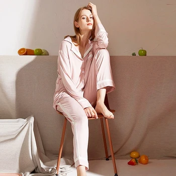 

HiLoc Nylon Knitted Sleepwear Women Patchwork Pajamas Set Winter Home Suit Pocket Long Sleeve Two Piece Set Top And Pants Casual