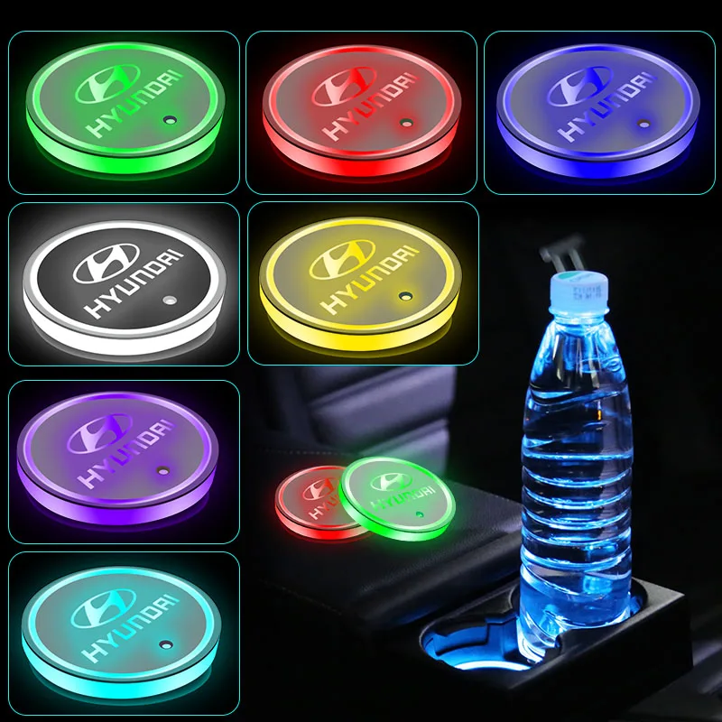 

2x Car Decor USB Charging LED Water Coaster Cup Holder Mat For Hyundais Santa Fe Sonata Solaris Azera Creta I30 Ix25 Tucson IX35