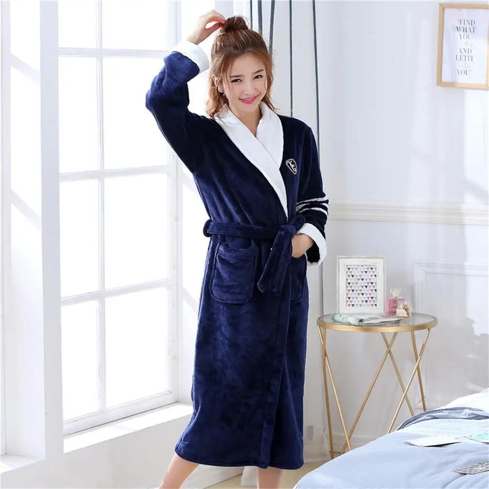 Женское зимнее Коралловое кимоно из рунной шерсти, свободное платье для отдыха, сексуальный халат, новинка, теплый, Bathorbe, длинный рукав, v-образный вырез, фланелевая домашняя одежда - Цвет: Navy Blue 3