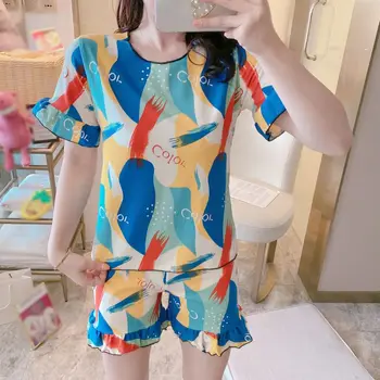 

Summer Women Short-sleeved Shorts Pajamas Thin Section Cartoon Print Home Service Two-piece Suit Female Sleepwear