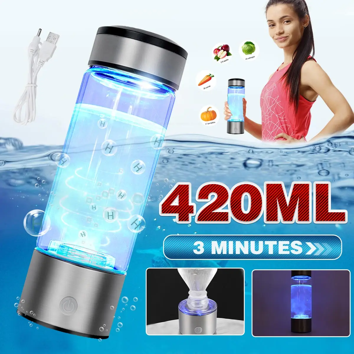 Máquina ionizadora portátil con taza de agua rica en hidrógeno, generador de superantioxidantes, botella de hidrógeno ORP, recargable, 3 minutos, 420ml