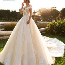 Сексуальным вырезом на спине и заниженной относительно фактической цене Романтический принцесса свадебное платье с свадебное платье Свадебное платье след De Noiva аппликации размера плюс