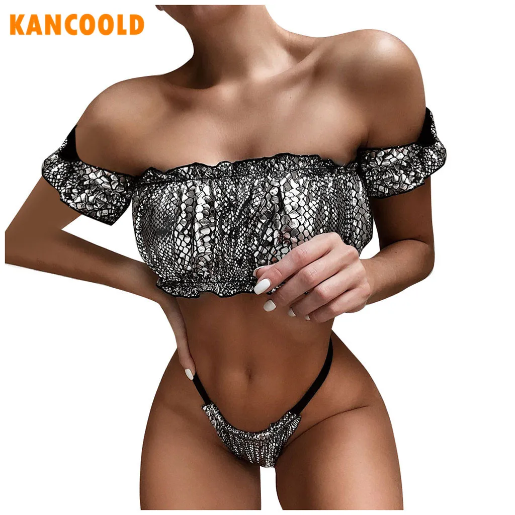 KANCOOLD, Женский комплект бикини, сексуальный змеиный принт, с рюшами, кожа, купальник для женщин, Повседневный, летний, пляжный, без бретелек, с кисточками, купальник для девушек 1220