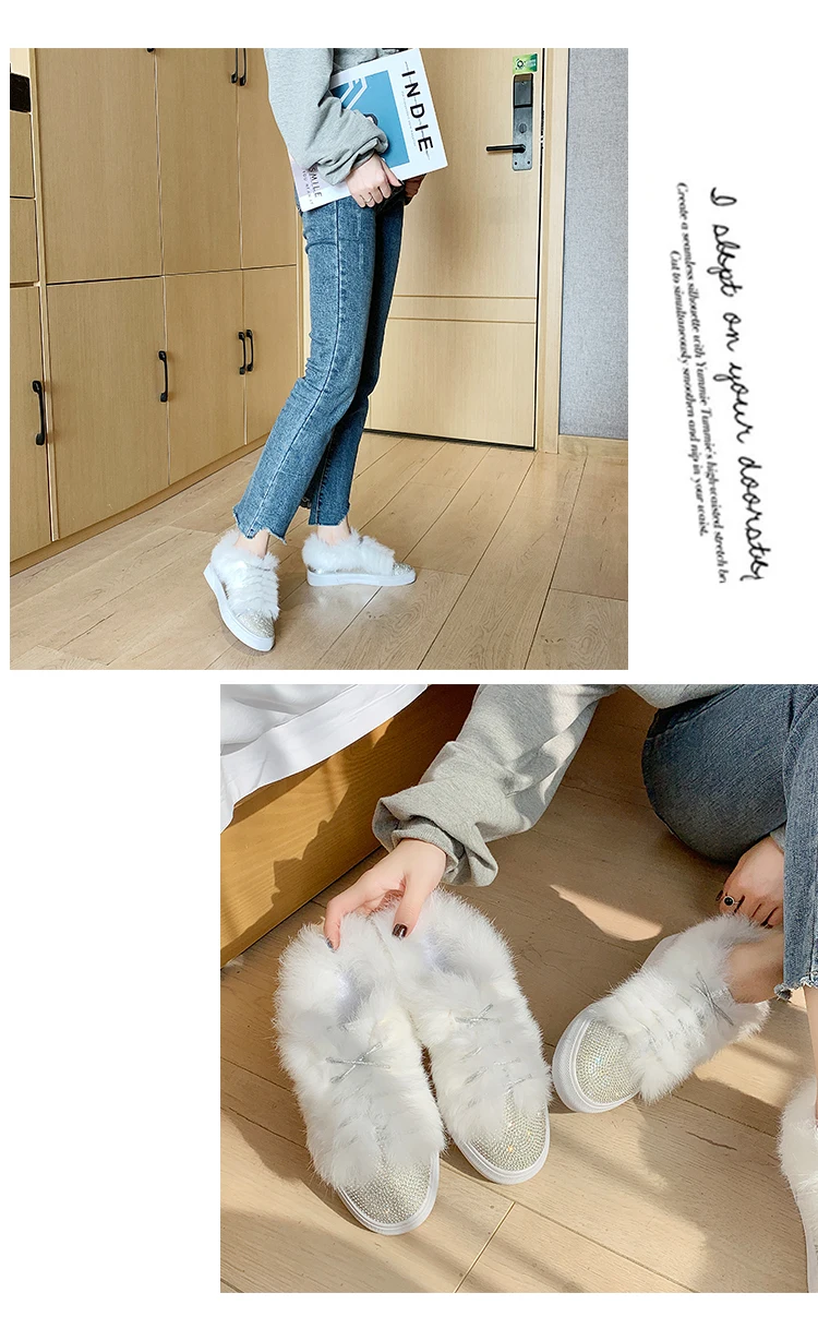 LazySeal-зимняя обувь с украшением в виде кристаллов женские лоферы на плоской подошве с натуральным мехом женские туфли без задника на шнуровке с круглым носком