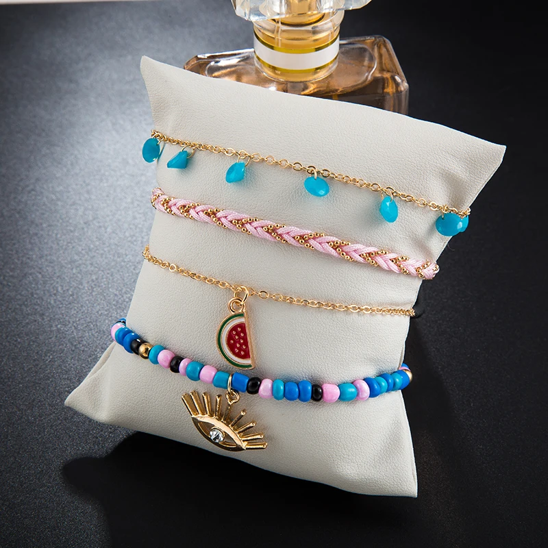 Docona Boho 4pcs/sets Colorful Beaded Anklets Summer Watermelon Eyes Pendant Rope Feet Bracelets Women Accessories 8369 - Image 5