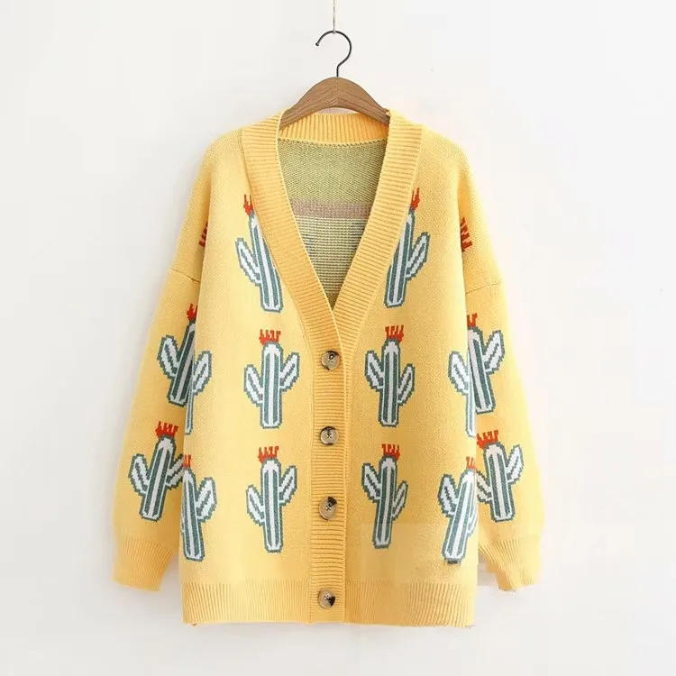 winter mori girl cactus cartoon pattern cartoon loose v-neck cardigan sweater