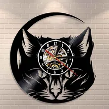 Настенные часы с изображением головы кошки Meow, Черный кот, Виниловая пластинка, часы, настенные художественные, кошачий магазин, Декор, винтажные животные, кот, любовник, часы для оформления дома