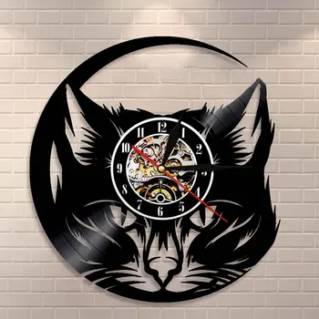 

Meow Cat Head Wall Clock Black Cat Vinyl Record Clock Wall Art Cat Shop Decor Vintage Animals Cat Lover Home Decorative Clock