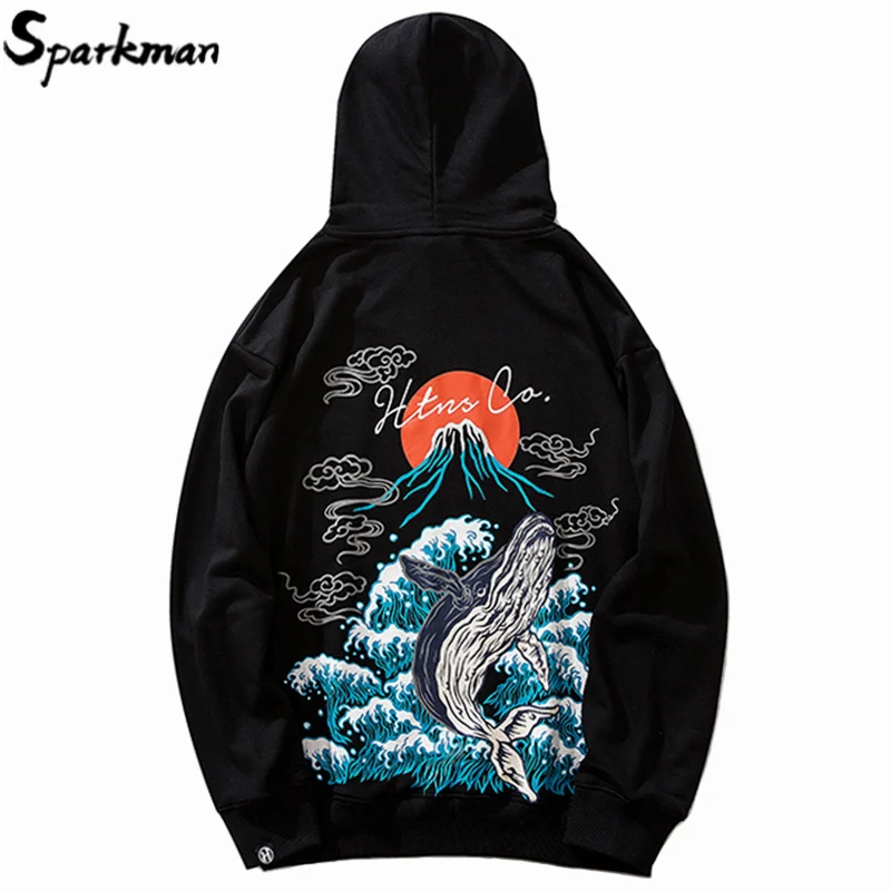 

Mens Hip Hop Hoodie Sweatshirt Streetwear Harajuku Japanese Volcano Whale Print Hoodies Pullover Cotton Sweat Shirt 2019 Autumn