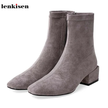 

Lenkisen soft breathable flock med heels square toe European style simple office lady solid winter warm women ankle boots L00