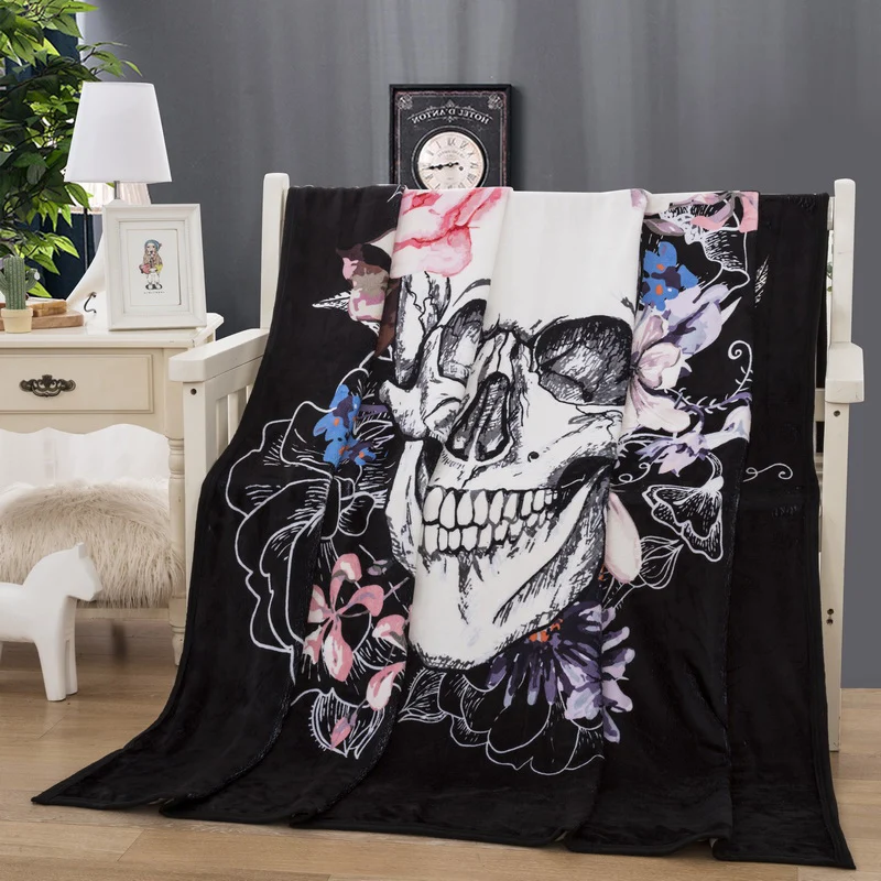 

Fashionable Sugar Skull Blanket for Beds Floral Roses Thin Quilt Black Color Bedspread 150x200cm Fleece Throw Blanket